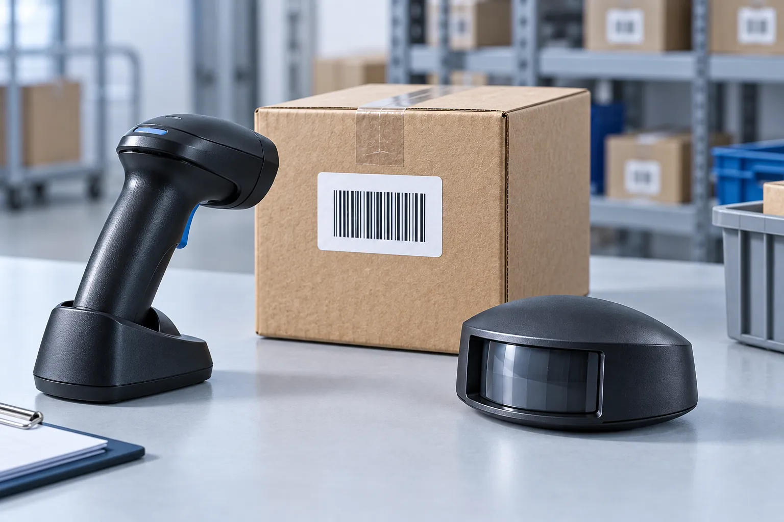 Generated product photograph of a barcode scanner in its cradle, a labelled stock carton and an automatic-door motion sensor on a warehouse inspection bench