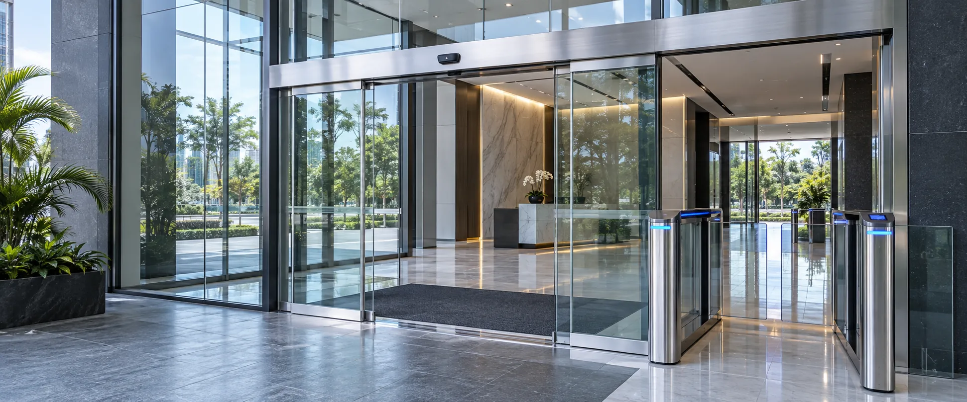 Generated industry illustration of automatic glass sliding doors and pedestrian access gates