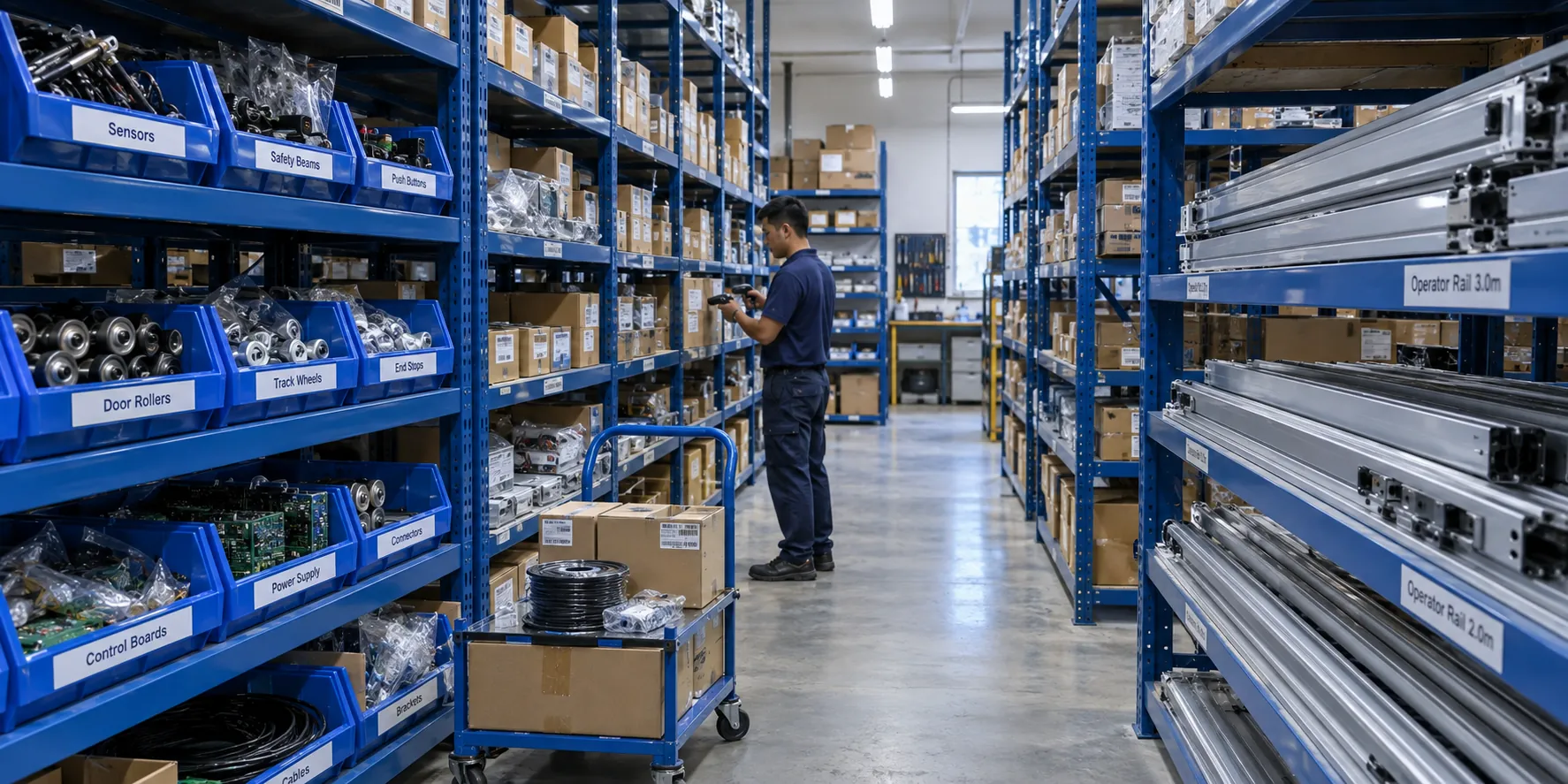 Generated illustration of an entrance-system parts warehouse with organised shelving and barcode stock tracking
