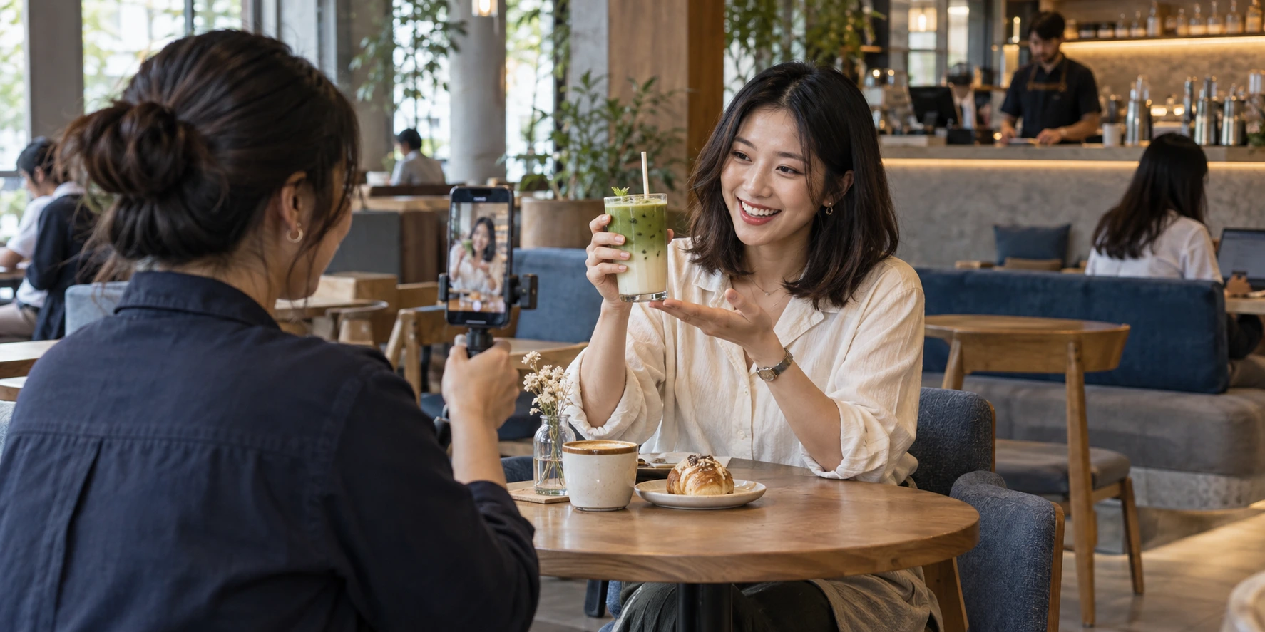 A creator filming a café product recommendation with a campaign partner