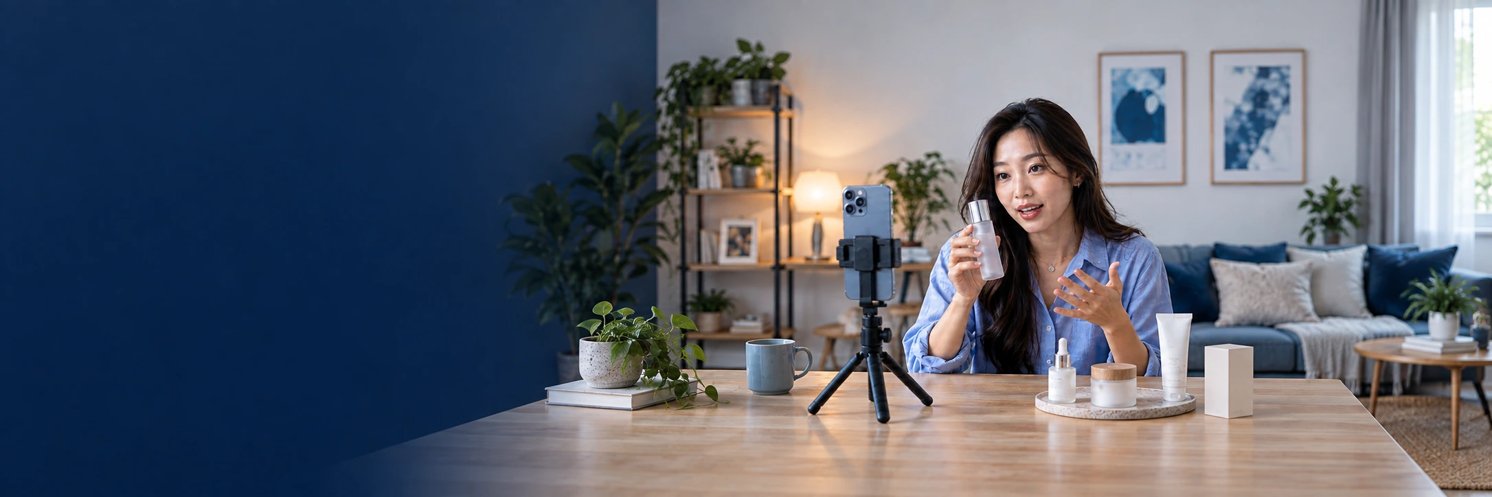 Illustrative lifestyle creator filming a short product video at home