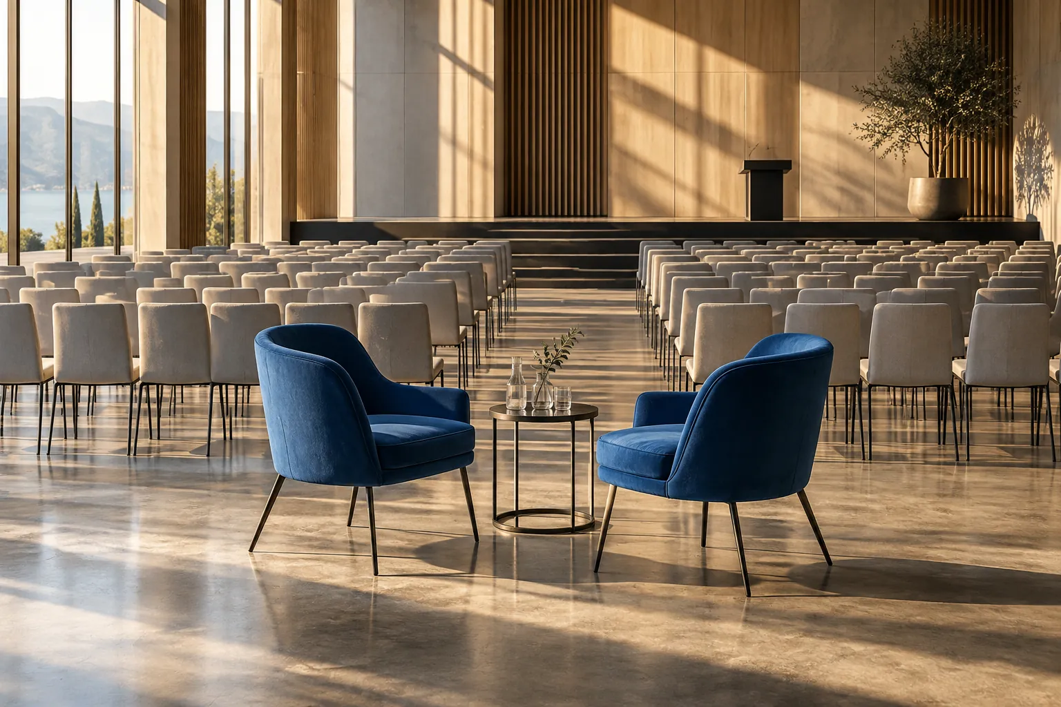 Two blue chairs face each other in front of rows of pale chairs facing an empty stage