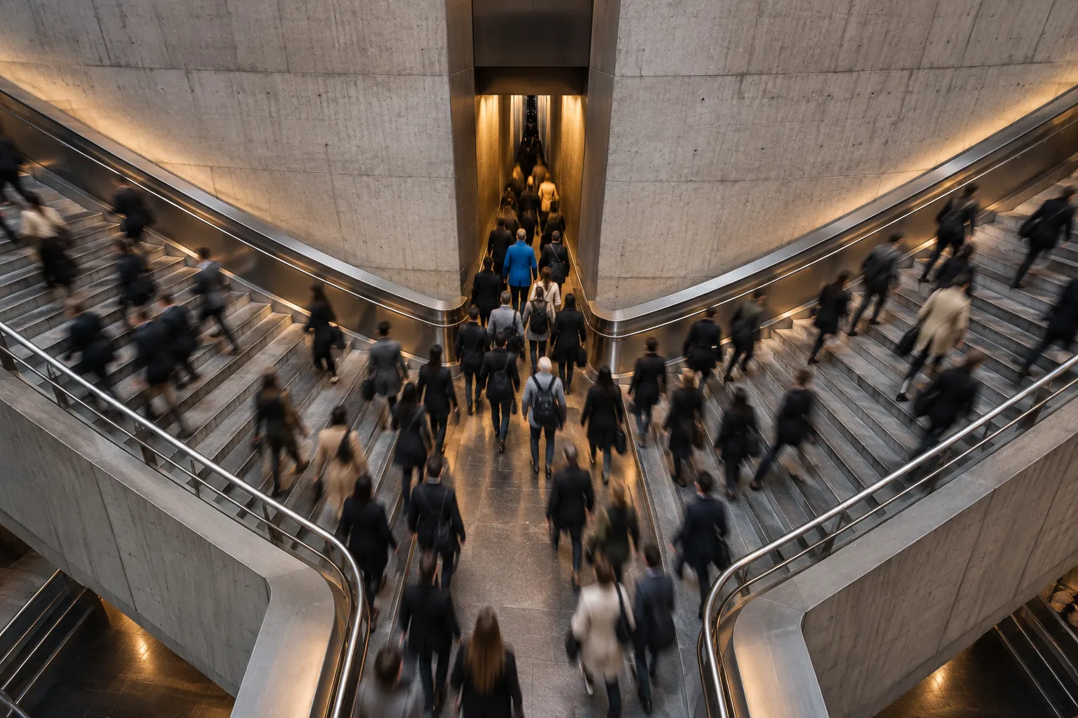 Moving commuters converge from a broad stairway towards a narrower doorway