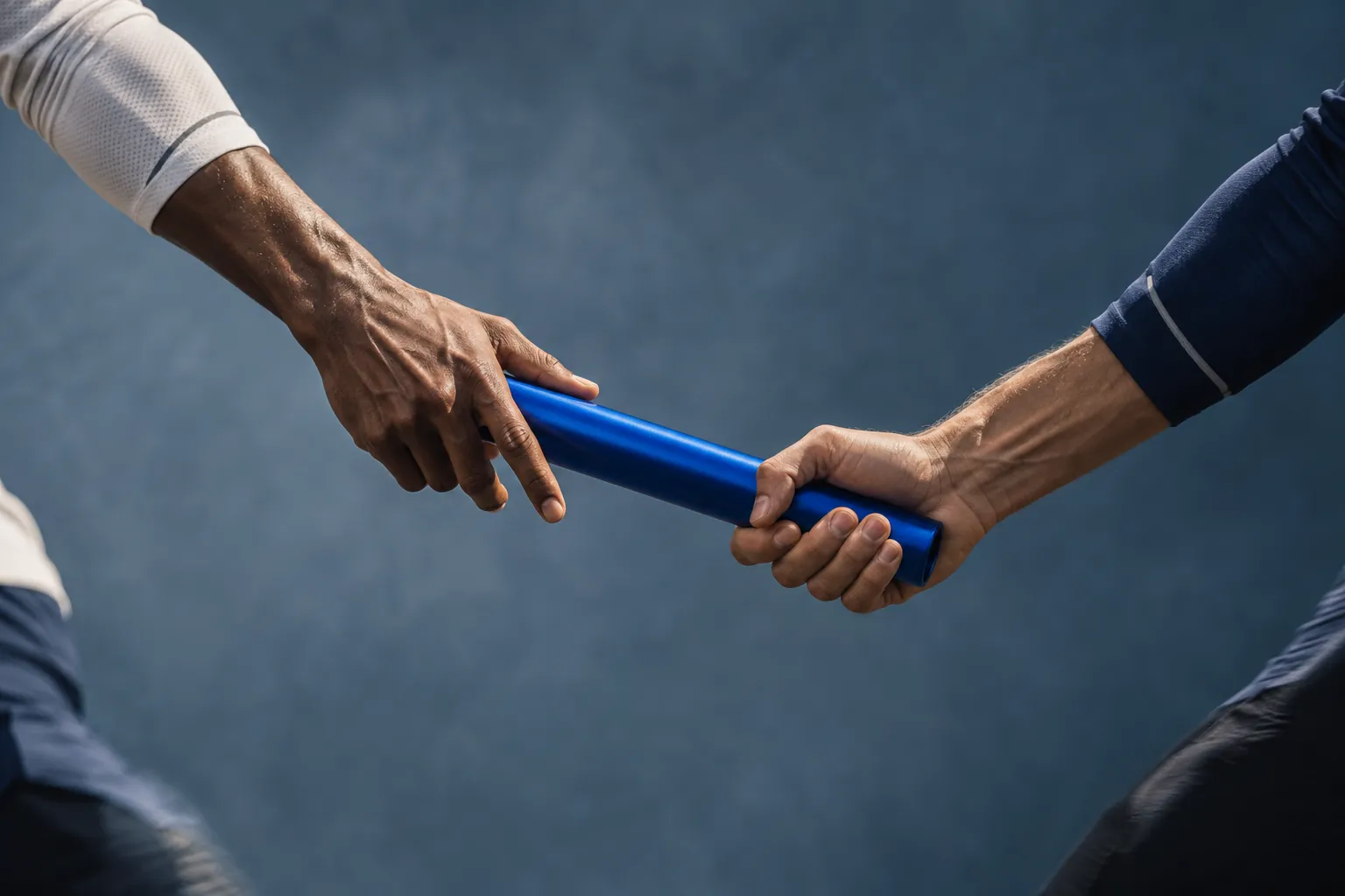 Two runners' hands carefully transfer a blue relay baton against a neutral studio backdrop