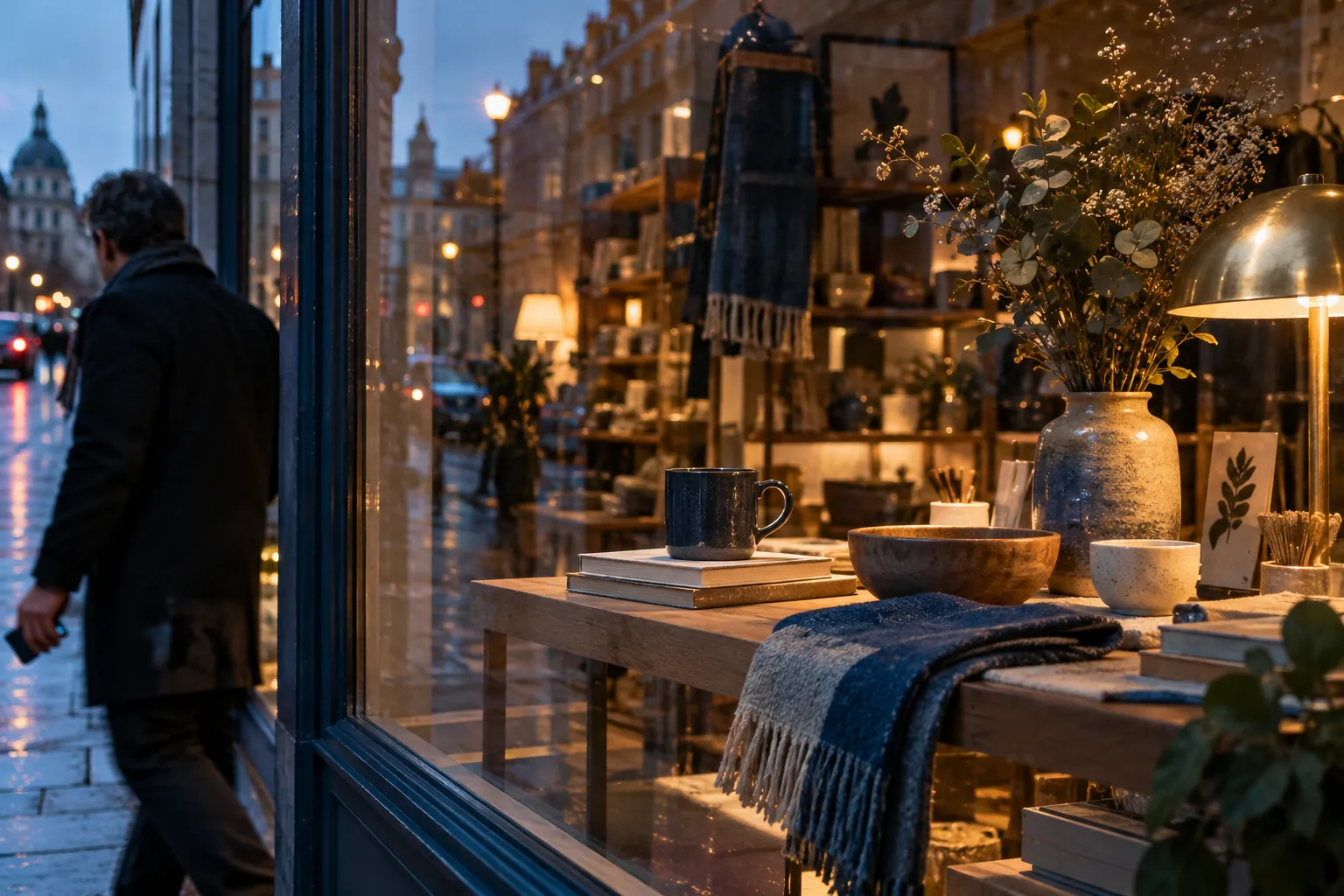 A passerby with a phone moves past a warmly lit shop window reflected against a blue evening street