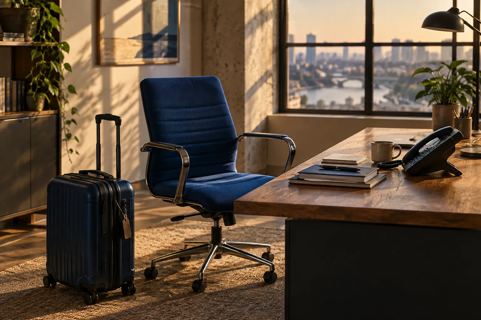 An empty blue office chair beside a suitcase, with a phone and notebooks left on the desk