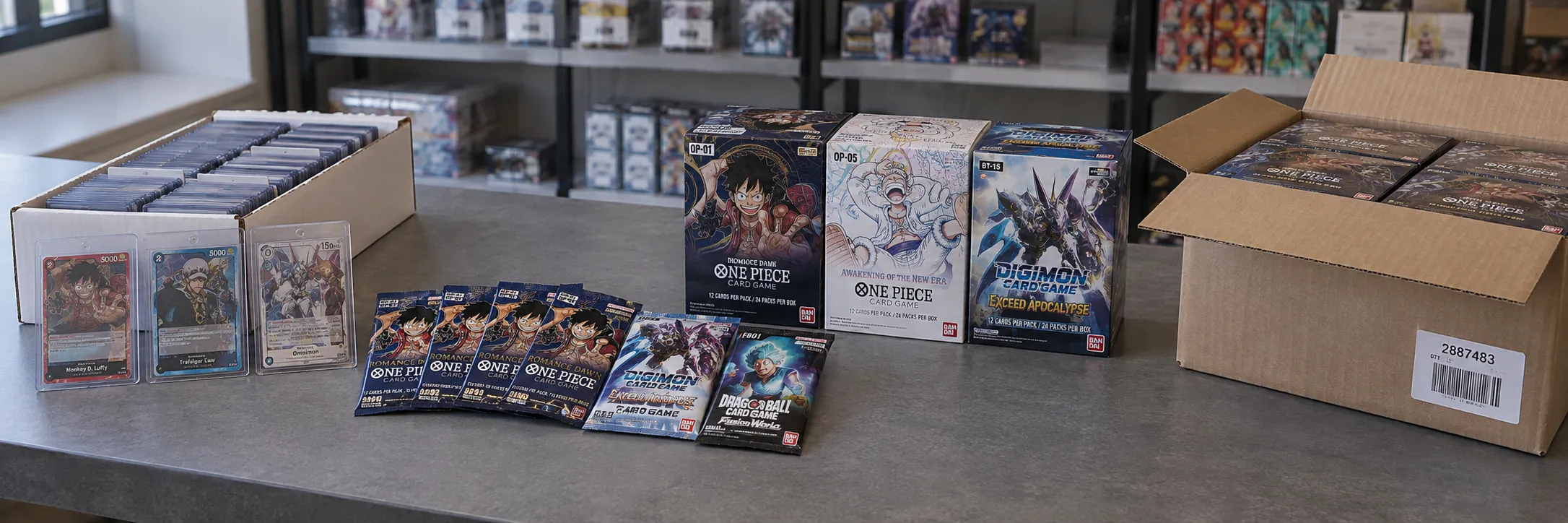 Generated stockroom photograph of organised sleeved singles, One Piece, Digimon and Dragon Ball booster packs, sealed boxes and a labelled wholesale carton