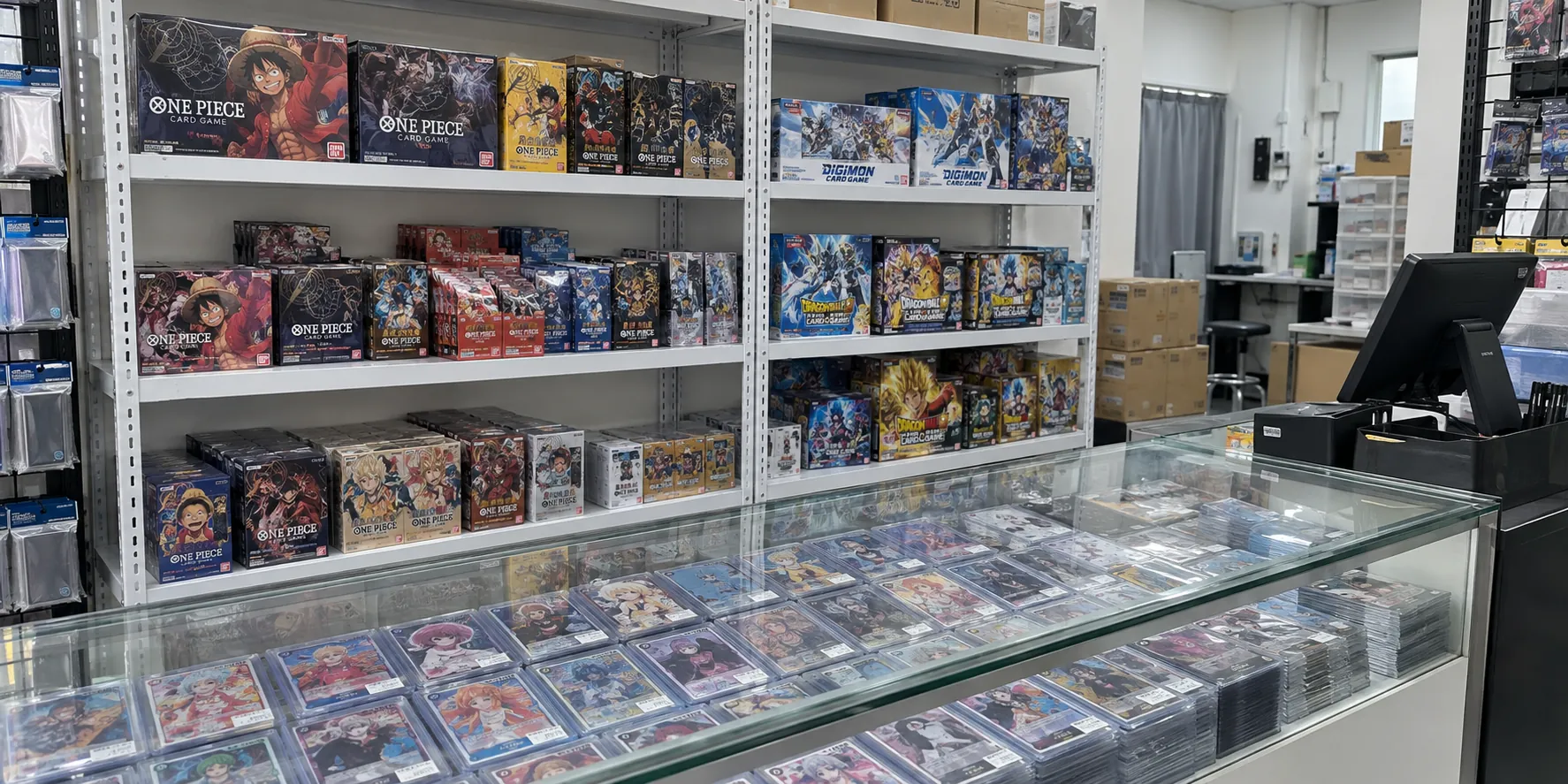 Generated illustration of a modest local card shop with mostly Bandai trading card games, simple shelving and sleeved singles in a glass counter