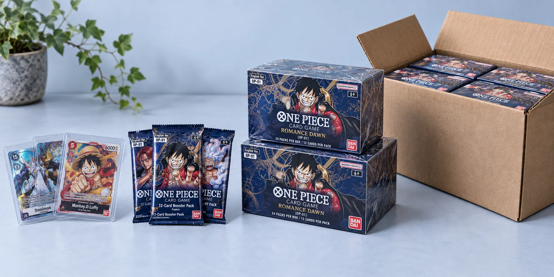 Generated illustration of mostly Bandai trading card stock, with One Piece booster packs and boxes, sleeved singles and an open shipping carton