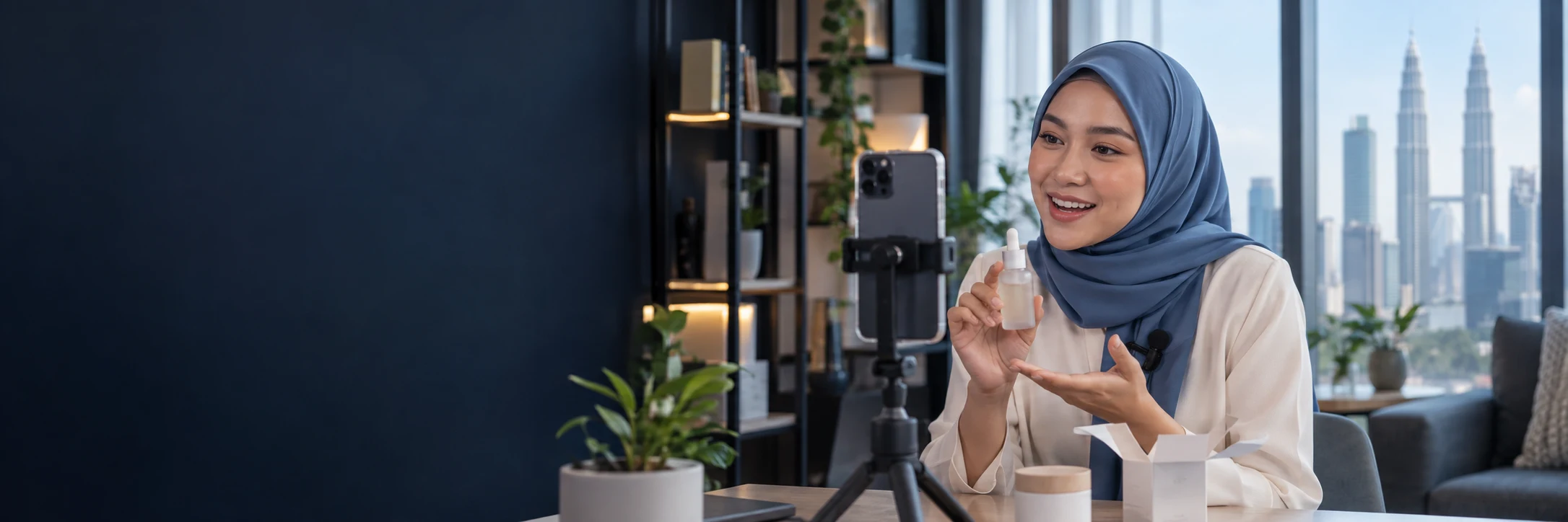 Illustrative creator recording a skincare product demonstration on a smartphone
