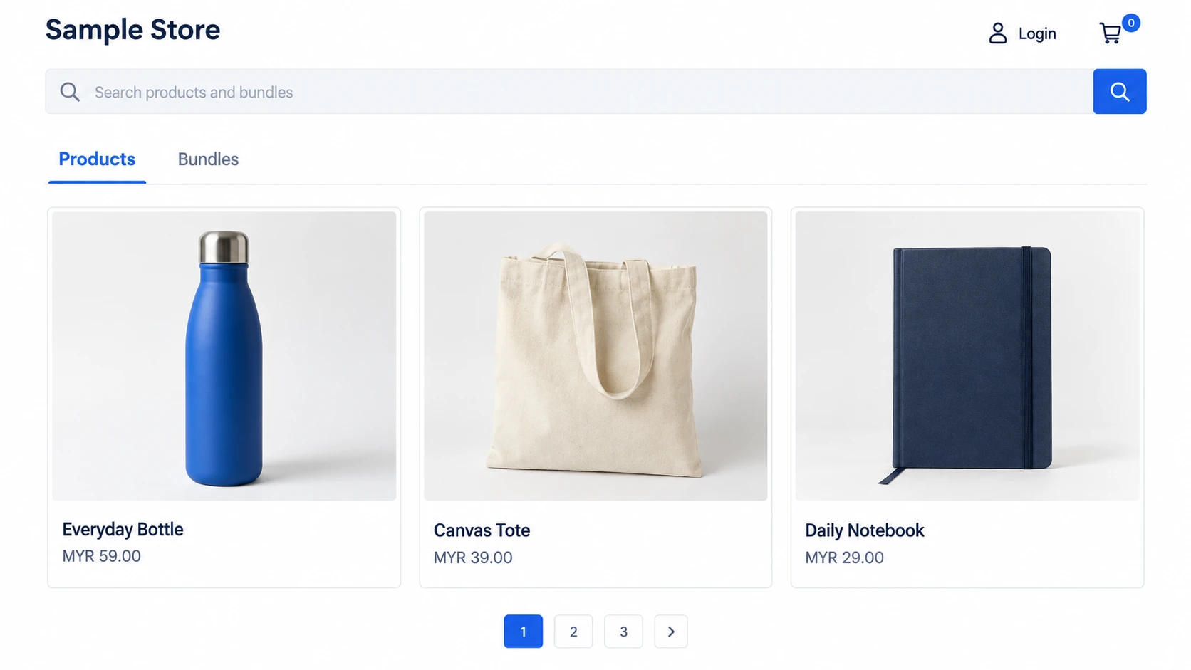 Sample storefront with blue accents, generic bottles, tote bags and notebooks, product search and prices