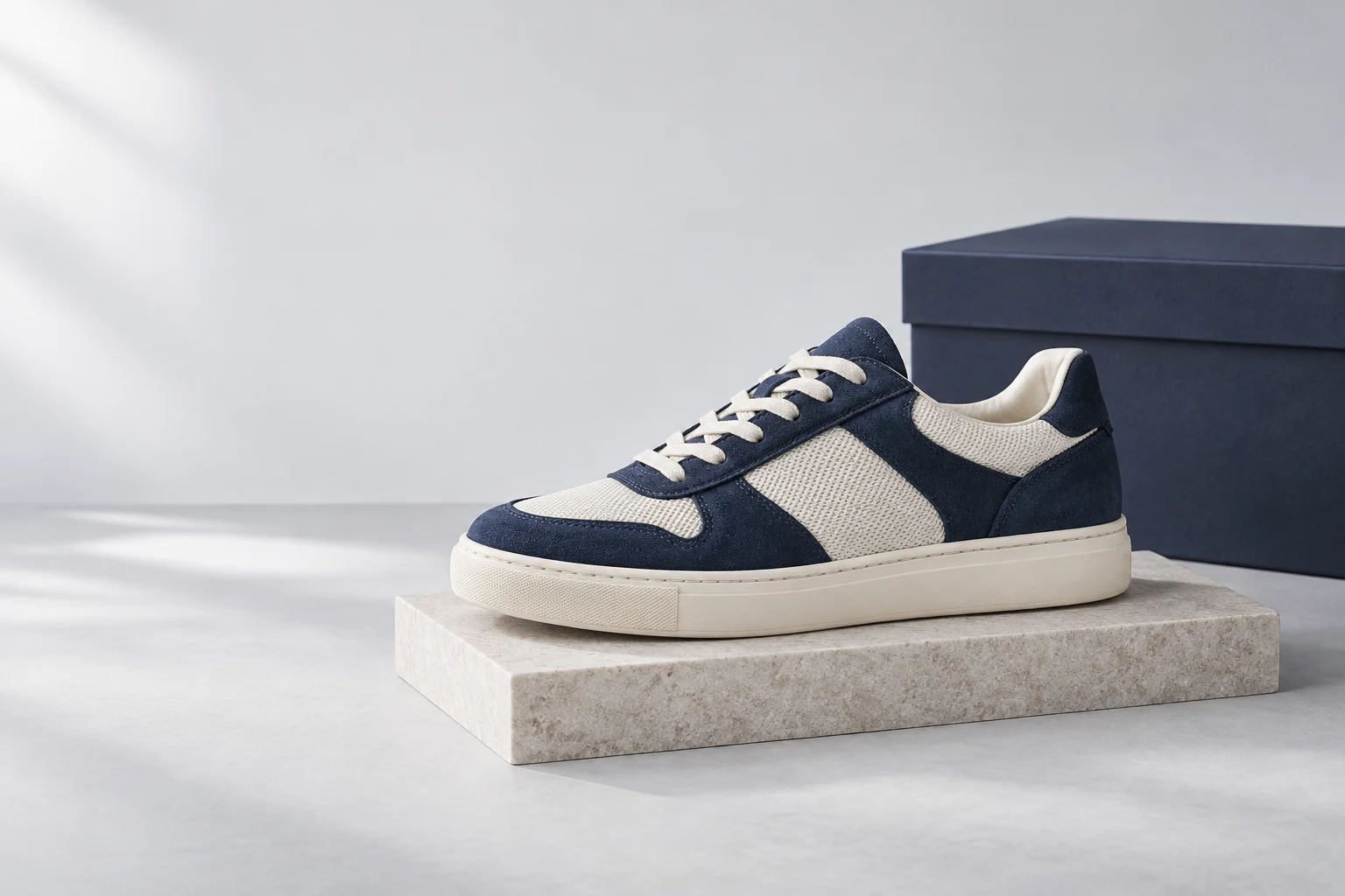 Illustrative custom storefront design featuring navy-and-ivory footwear