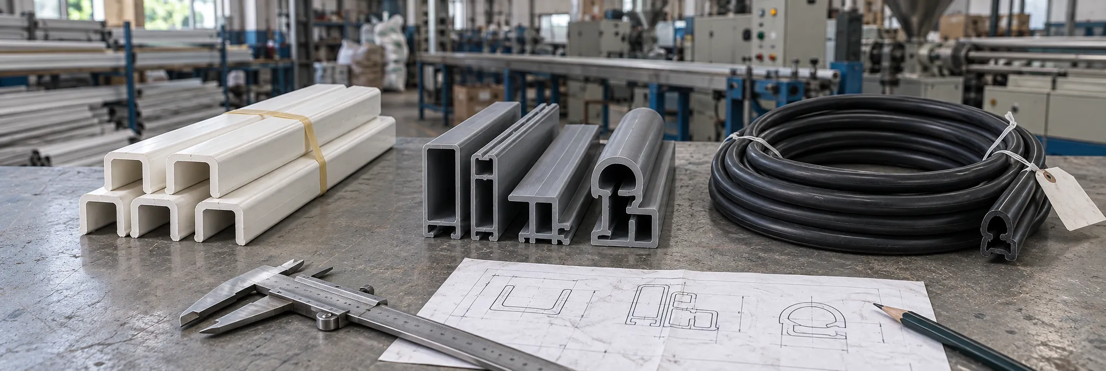 Generated workshop photograph of white and grey PVC extrusion batches and a coiled black gasket on a worn inspection bench, with a profile drawing and caliper