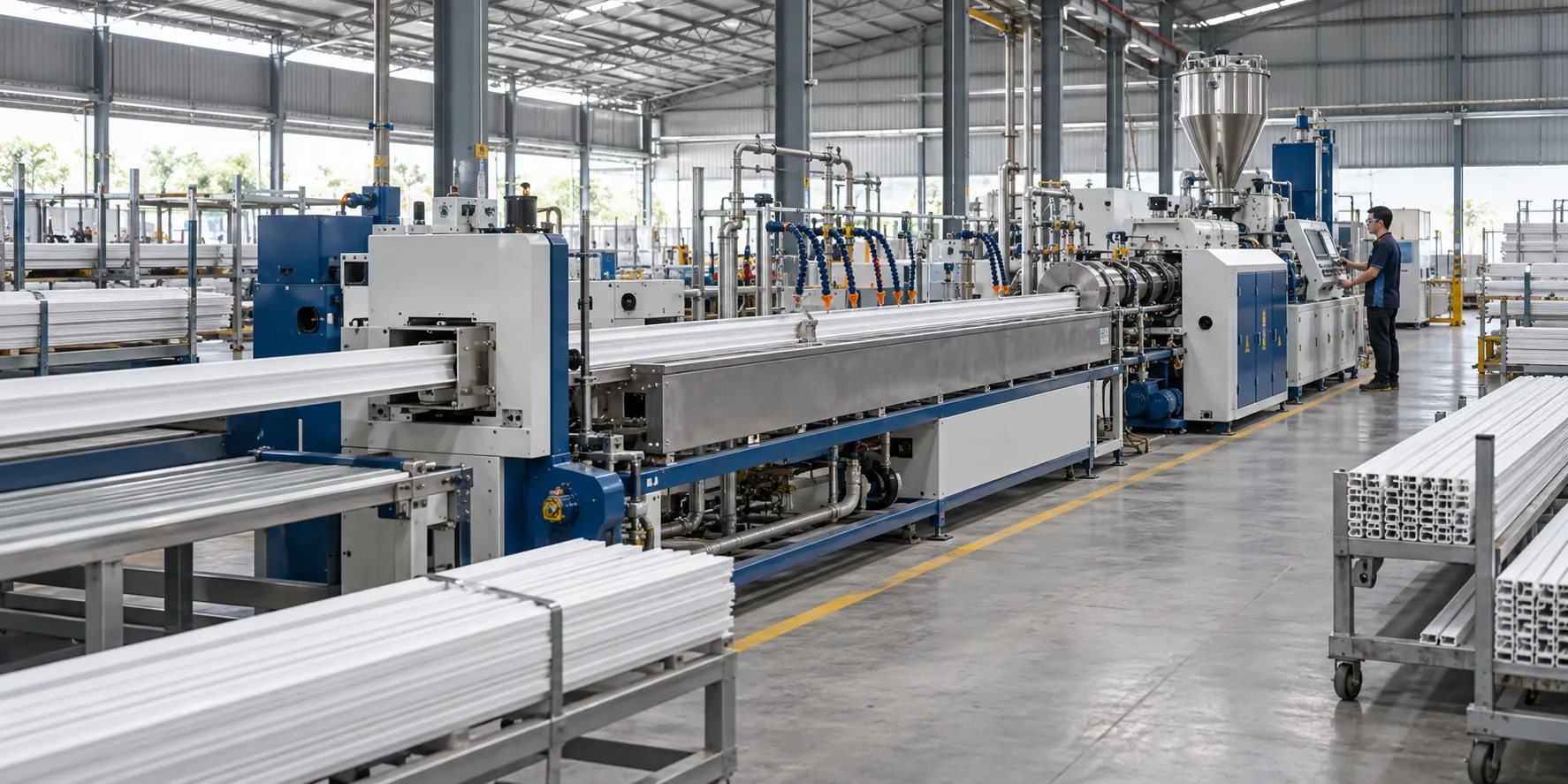 Generated illustration of a PVC extrusion manufacturing floor with an extrusion line and finished profiles