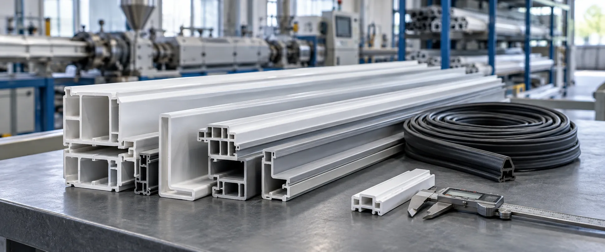 Generated industry illustration of PVC profiles and flexible gaskets in a plastics workshop